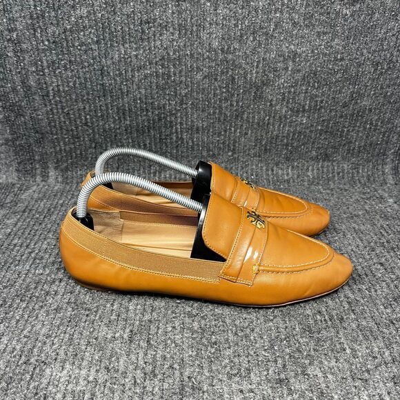 Tory Burch Ballet Loafer Flats Slip On Brown Leather Gold Logo Women’s 10 M - Picture 1 of 9